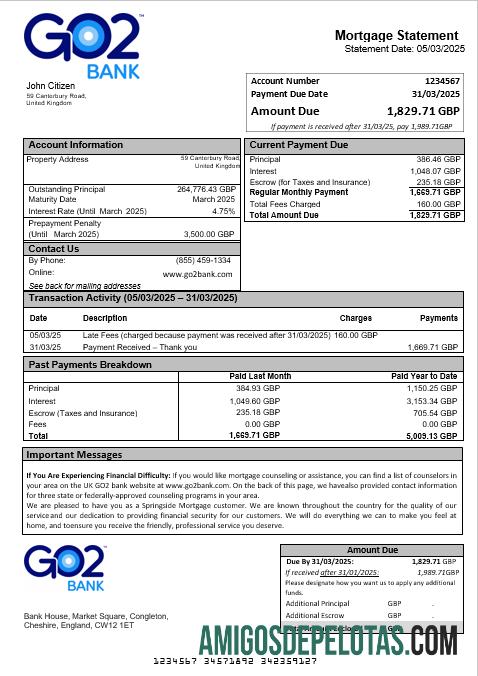 Extrato de hipoteca bancária GO2 do Reino Unido em formatos Word e PDF modelo